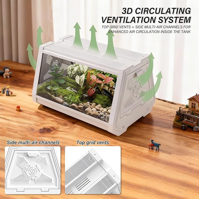 Reptile Terrarium,Anti-Breakage Lizard Cage, High-Transparency Viewing Window,Dual-Side Escape-Proof Doors,Integrated Lighting,Ideal for Mini Gecko,Insect,Tarantula,Frog，White