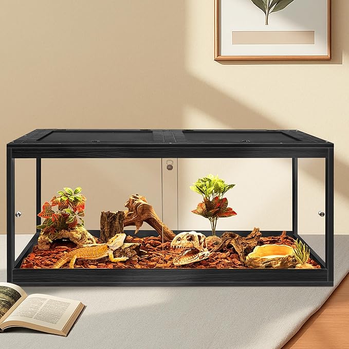 PROLEE Bearded Dragon Tank,81 Gallon Reptile Tank with Meatl Mesh Roof and Front Sliding Door, Lizard Tank,Spacious Reptile Enclosure for Snakes,Lguanas, Chameleons (Black)