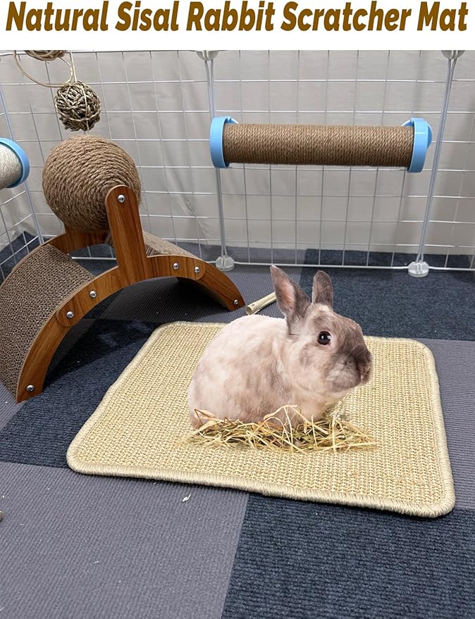 Rabbit Scratcher Mat 4 Pack Natural Sisal Bunny Scratching Mats, Small Animal Scratch Pad Rug for Indoor Grinding Claw Pad for Guinea Pigs Chinchillas (Beige)