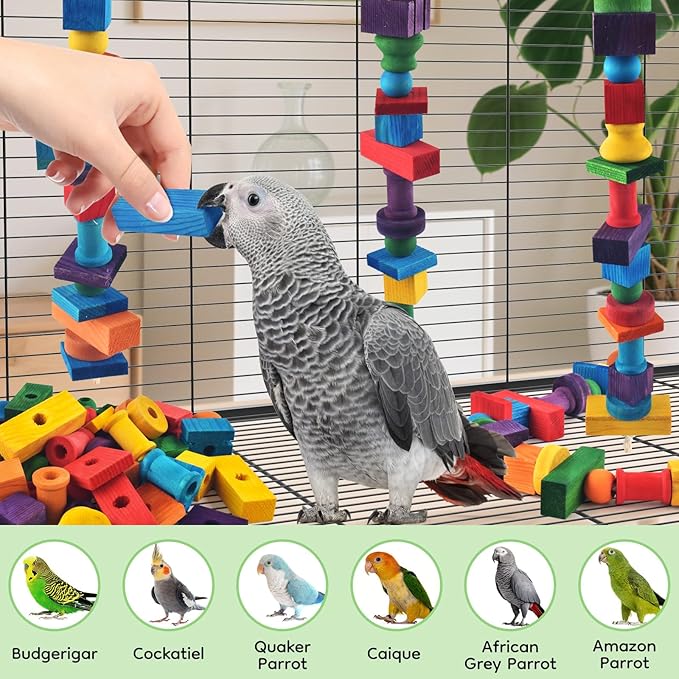 Bird Toys for Parrots, 200 Pcs Colorful Multi-Shaped DIY Wooden Blocks Craft, Natural Parrot Chew Training Foot Toy for Amazon African Grey Cockatiels Conure Monk Parakeet