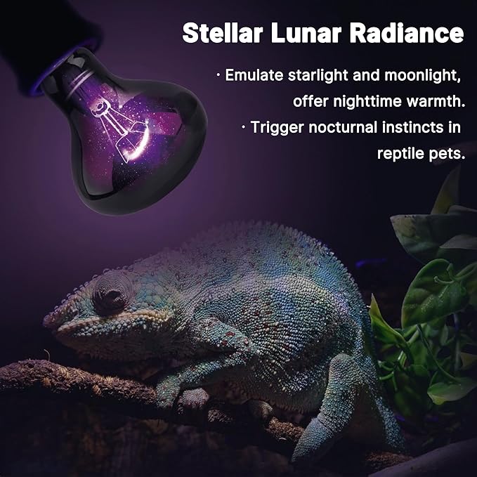 60W Reptile Night Light Bulb, UVA Heat Lamp - Simulate Natural Moonlight, Purple Basking Lamp for Bearded Dragon, Lizard, Snake, Chameleon & Amphibians, Ideal for Aquariums Tanks|Pack of 2