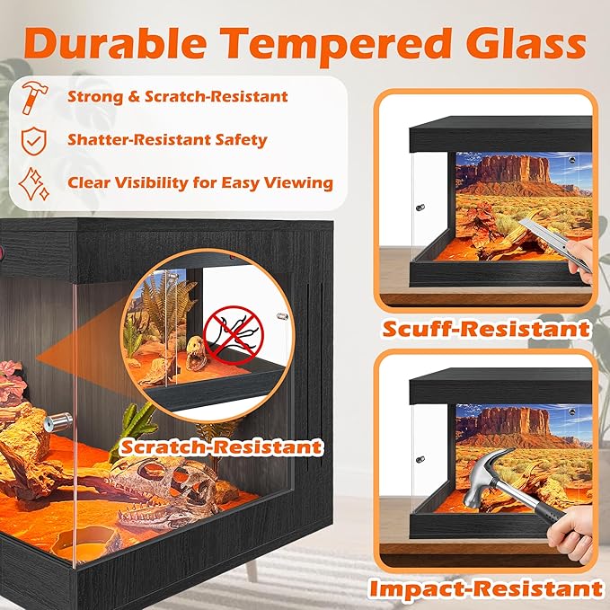 Royxen Tempered Glass Reptile Tank 62 Gallon,Reptile Enclosure with Metal Mesh Top and Lockable Design, Bearded Dragon Tank for Lizard Habitat, 40"x20"x20", Black