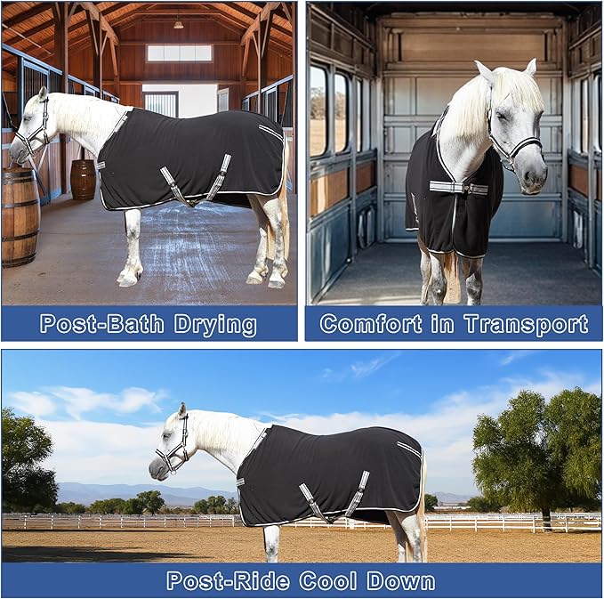 Horse Fleece Cooler, Blanket Liner - 300g Anti-Pilling Fleece, Moisture-Wicking, Cooling & Drying for Post-Workout, Bath & Travel, Prevent Overheating & Chilling Black 78