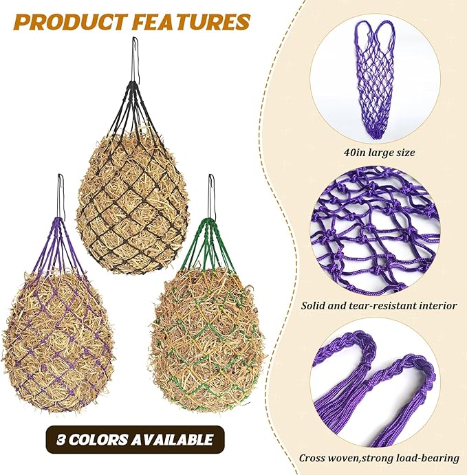 2PCS Hay Nets for Horses,2.36"x2.36" Holes 40”Horse Hay Feeder Net for Slower Feeding,Strong Load-Bearing Hay Bag Hanging for Horse Stable Trailer (Purple)
