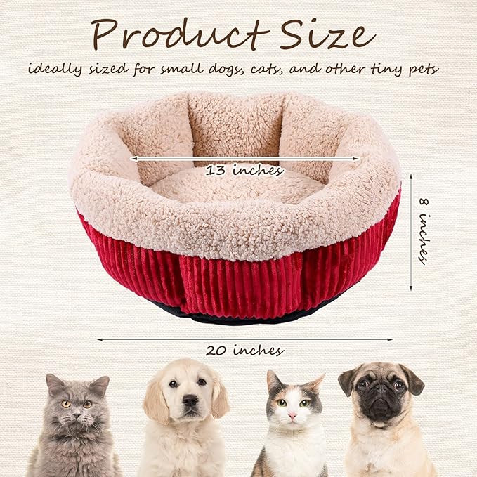 4 Pack Cat Bed Bulk 20in Self Warming Pet Beds for Small Cats Dogs Washable Red Round Donut Calming Bed with Anti-Slip Bottom Pet Gift Winter for Small Medium Cats and Dogs Puppy Kitten