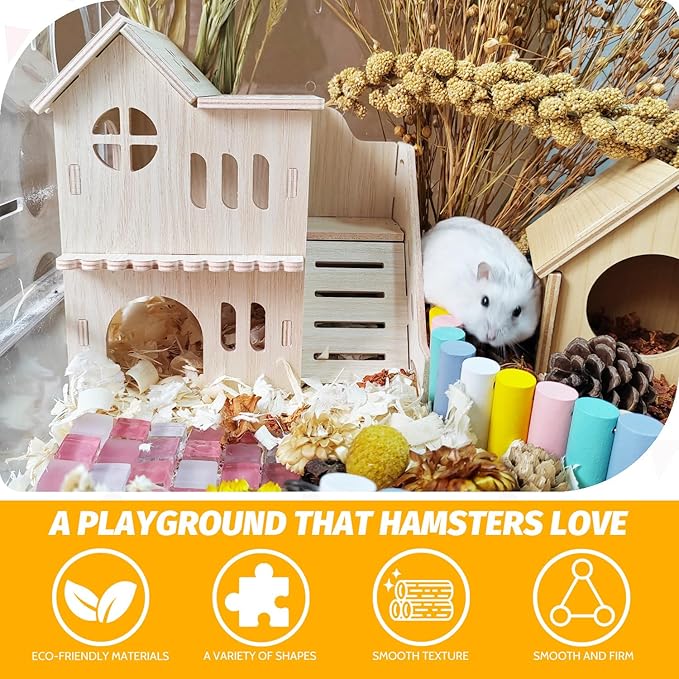 Hamster House with Slide, Double-Decker Hut, Guinea Pig Castle, Small Animal Habitat Decor