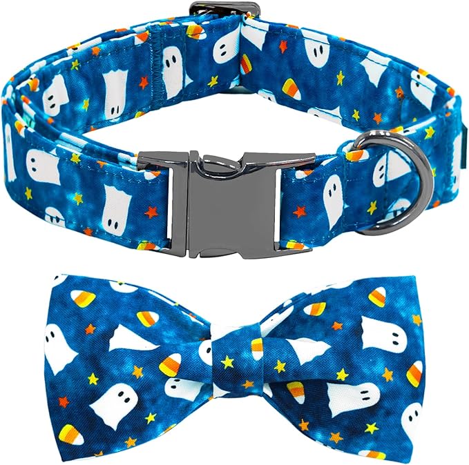 Halloween Dog Collar, Ghost Print Adjustable Pet Collar Blue Cute Cotton Soft Collars with Bow Tie Fall Metal Buckle Holiday Puppy Collars Boy&Girl Gift for X-Small Dogs