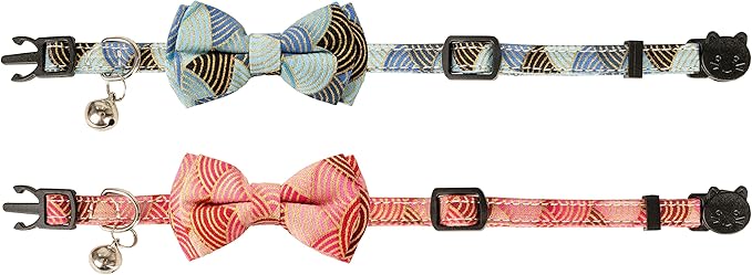 Collar for Cat Pet Breakaway with Bell Bowtie Detachable Bow Adjustable Safety Kitten Puppy Girl Boy 2pcs Kimono-Blue & Pink