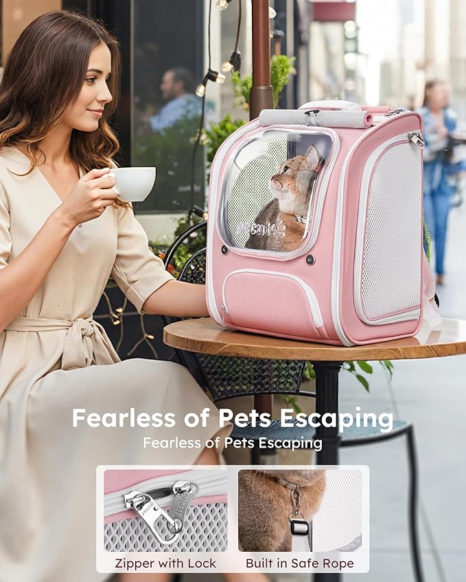 Pecute Cat Backpack Carrier, Large Space Cat Bubble Backpack, Breathable Cat Carrier, Shaded Dog Backpack Carrier, Ergonomic 3D Design for Travel, Hiking, Walk, Suitable for Shopping, Car, Vet, Pink