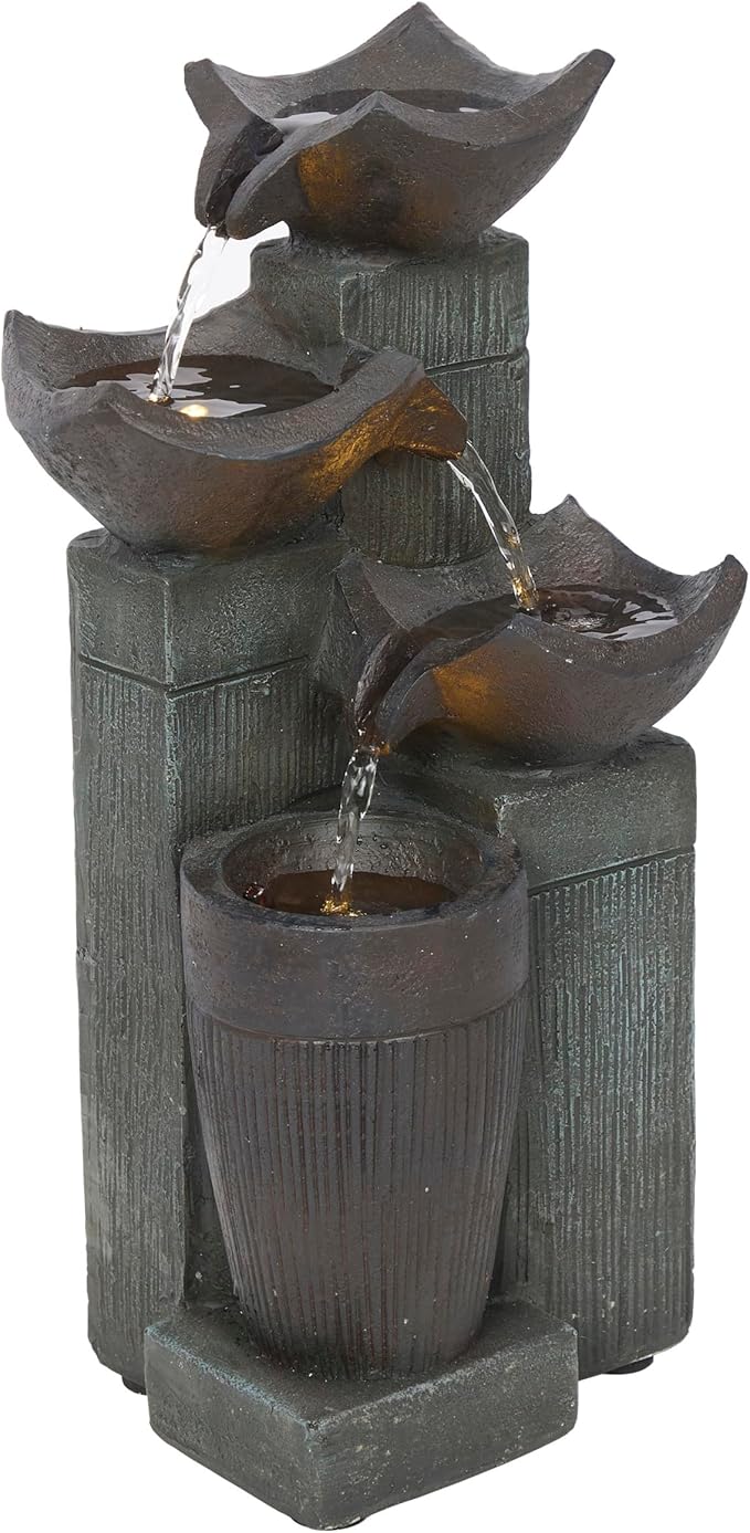Alpine Corporation TZL414 14" 4 Tier Squared Bowls Fountain with LED Lights, Elegant Tabletop Water Feature for Home, Office, Living Room, Bedroom & Desk Decor, Gray