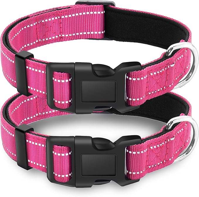 2 Pack Reflective Dog Collar with Safety Locking Buckle, Adjustable Soft Breathable Comfortable Nylon Pet Collar for Small, Medium and Large Dogs, Hotpink, XS