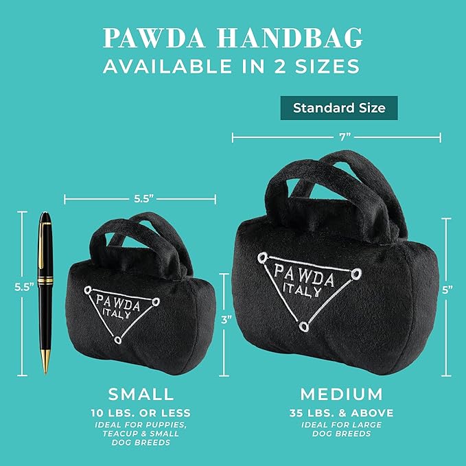 Haute Diggity Dog Pawda Handbag, Plush Designer Dog Toys with Interactive Squeaker, Stimulating Pet Enrichment, Machine-Washable & Safe Materials for All Breeds, Size Medium