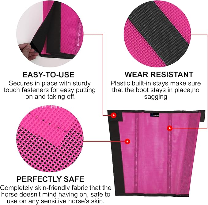 FOXLVDA Horse Fly Boots - Fly Boots for Horses Set of 4, Comfortable Horse Leggings, Mesh Material Design with Metal Support Bars for Reduces Stomping & Leg Fatigue (Pink, Large)