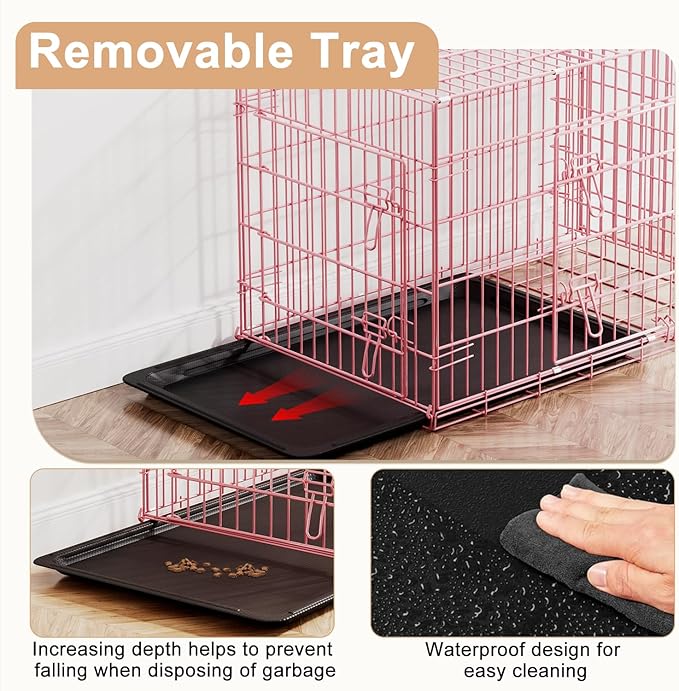 FDW Large Dog Crate 42inch Dog Cage Foldable Metal Kennel with Leakproof Tray Foldable Design Indoor Outdoor Use for Large Dogs,Pink