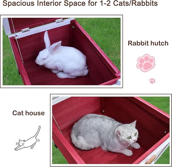 Rockever Outdoor Cat House,Outdoor cat Houses for Feral Cats Weatherproof Rabbit Hutch Small, Wooden Small Pet House and Habitats-Red