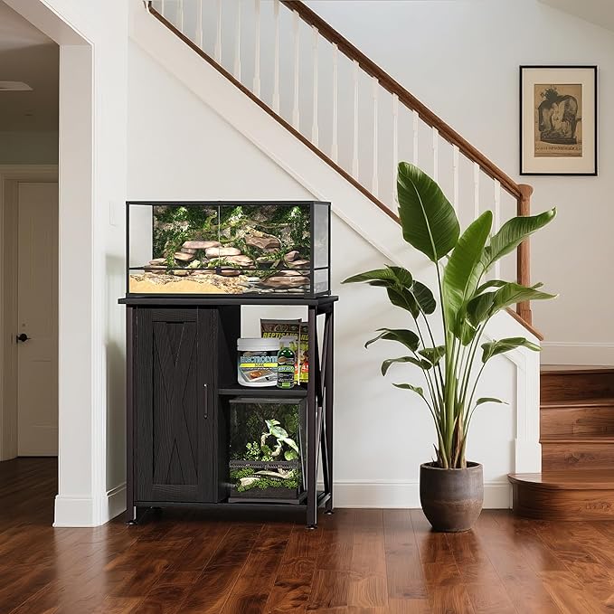 45-67 Gallon Reptile Tank Stand with Power Outlet, Terrarium Stand with Storage Cabinet, 24" Wx18 D Tabletop, Reptile Terrarium, Black PG12XYB