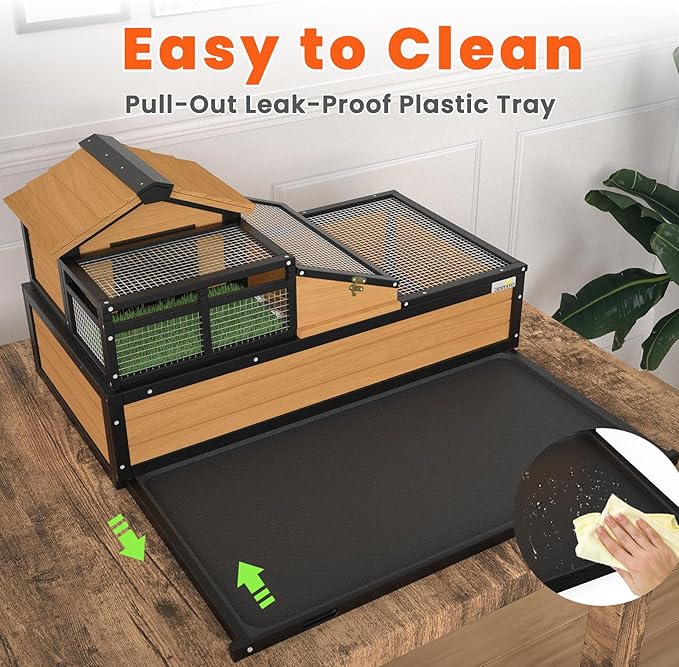 3-Room Large Tortoise Habitat with Pull-Out Tray, Wooden Tortoise Enclosure Indoor & Outdoor with Ramp, Grass Mat, Openable Roof, Luxurious Reptile Enclosure for Small Animals, Yellow
