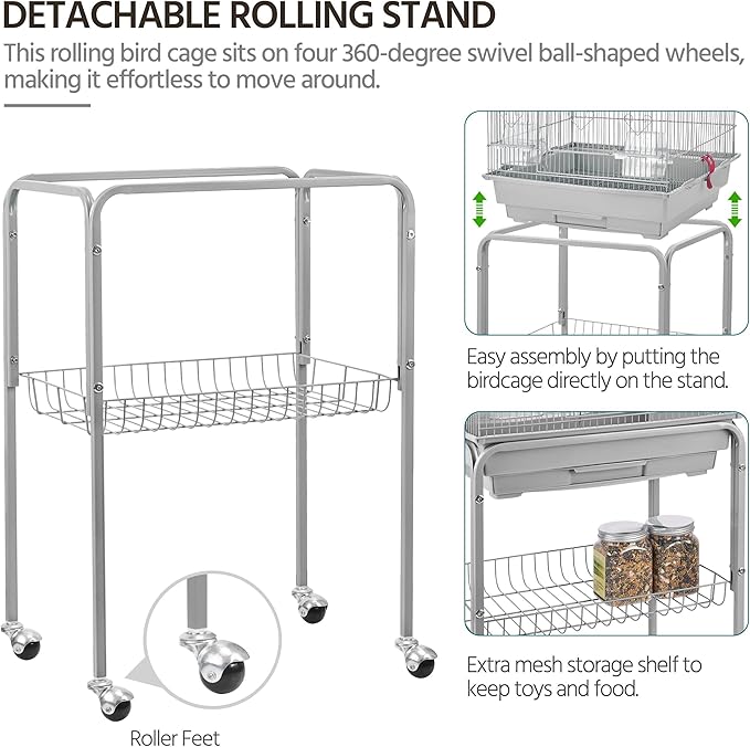 Yaheetech Metal Roof Top Bird Cage Wrought Rolling Birdcage w/Detachable Stand for Medium Small Parrots Parakeets Budgies Cockatiels