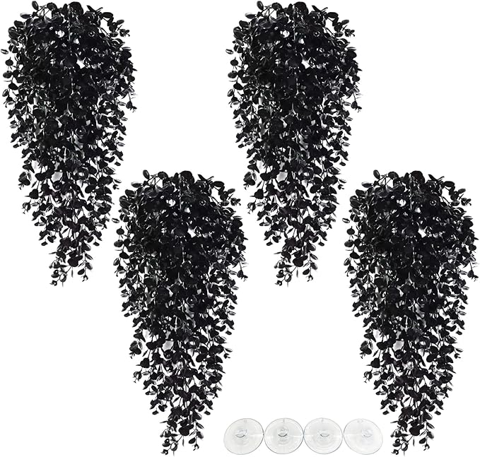 Hamiledyi 4 PCS Reptile Plants, Hanging Terrarium Plants, Artificial Leaves Habitat Decorations with Suction Cup, Fake Amphibian Plants for Bearded Dragon Lizard Hermit Crab Geckos Chameleon(Black)