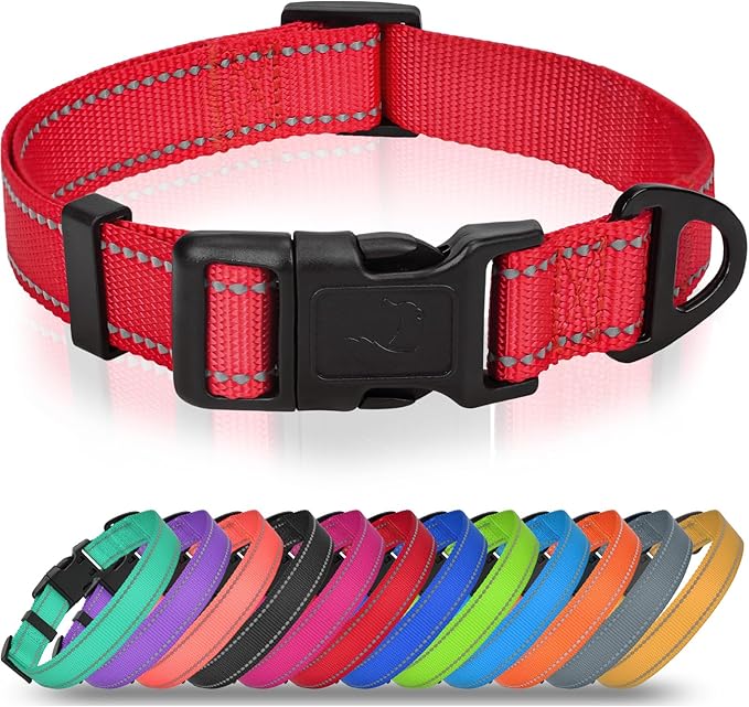 Joytale Reflective Dog Collar, Adjustable Nylon Pet Collar with Quick-Release Buckle for Medium Dogs, Red, M