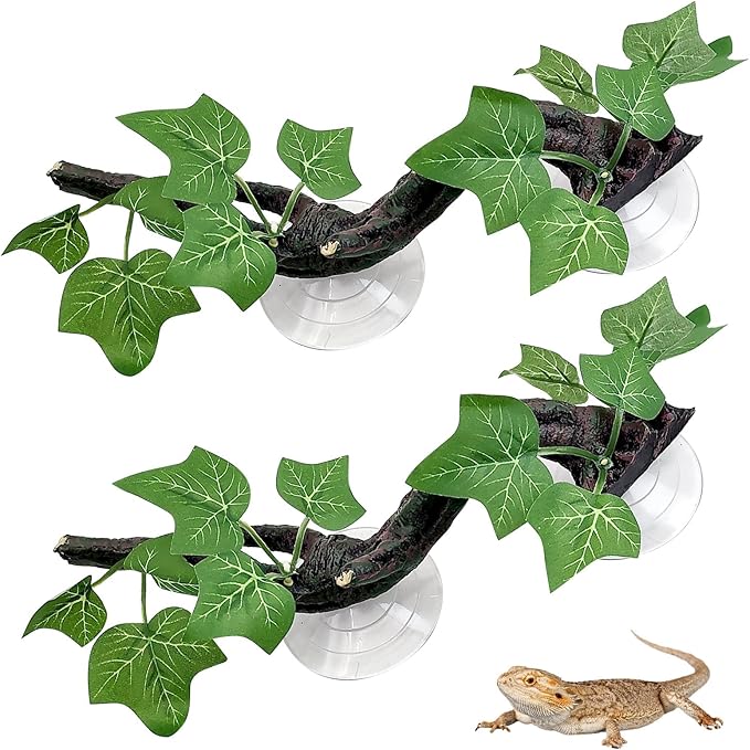 PINVNBY 2 PCS Reptile Corner Branch Terrarium Plant Decoration with Suction Cup Resin Plant for Amphibian Lizard Snake Climbing