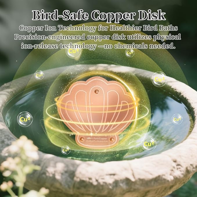 Bird Bath Copper Disk, 99.99% Pure Copper Metal Disc Bird Bath Cleaner for Outside Bowl Physical Safe Outdoor Water Purify Accessories (3-Point Support Design)