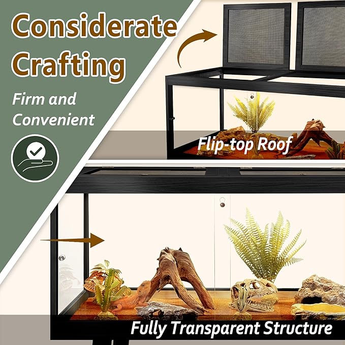 Prolee Tempered Glass Reptile Enclosure with Leg,40“ Scratch-Proof Bearded Dragon Tank,62 Gallon Lizard Tank with Metal Mesh Tops and Lockable Door,Spacious Reptile Habitat for Snake,Lizard (Black)