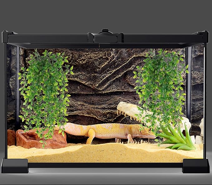HERCOCCI Reptile Plants, 2 Pack Terrarium Hanging Plants Vines Artificial Leaves Habitat Decorations with Suction Cup for Bearded Dragon Hermit Crab Lizard Snake Geckos Chameleon