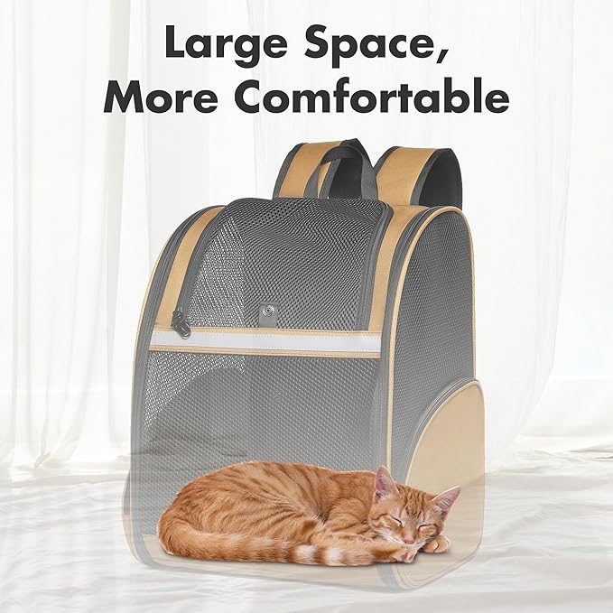 Pet Backpack Carrier, Large Cat Carrier Backpack Up to 20 Lbs with Breathable Mesh, for Medium Large Cats or Small Dogs, Travel Hiking Camping Backpack (Brown-XL)