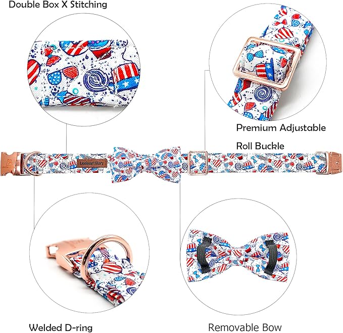 Lionheart glory American Flag Dog Collar, 4 of July Dog Bow Collar Heavy Duty Adjustable Patriotic Dog Collar with Bowtie for Medium Dogs Pet Gift
