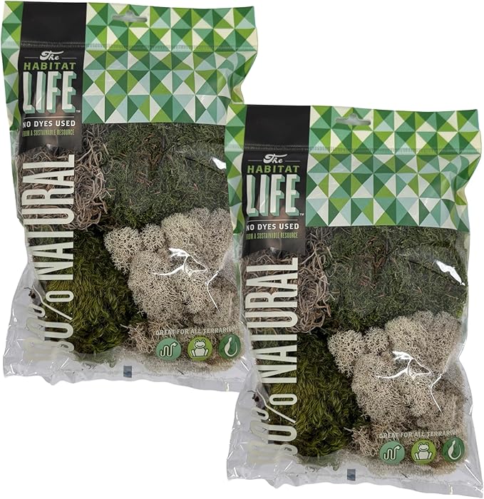 The Habitat Life - Natural Variety Pack - Mix of Reindeer, Mood, Sheet & Spanish Moss - for All Terrariums - Humidity Control - Breathable Bedding - Dye-Free & Safe - Small - 2 Pack