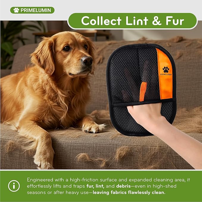 Pet Hair Removal Glove for Dogs & Cats – Upgraded Electrostatic Fur Remover Mitt, Reusable & Washable Pet Hair Remover for Furniture, Carpet, Car Seat & Clothing (Black/Orange)