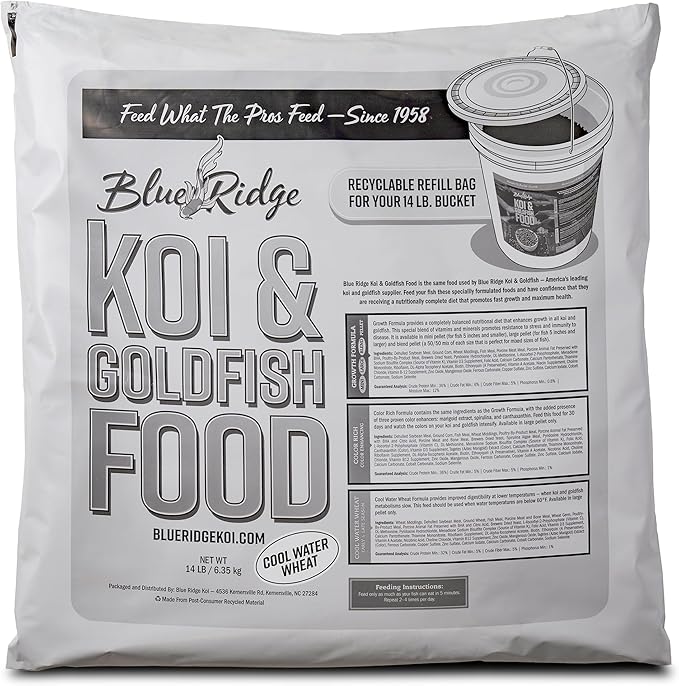 Blue Ridge Koi Fish Food 14lb Bucket Refill - Cool Water Wheat 3/16", Fall and Winter Floating Pond Pellets, Ponds Fish Food