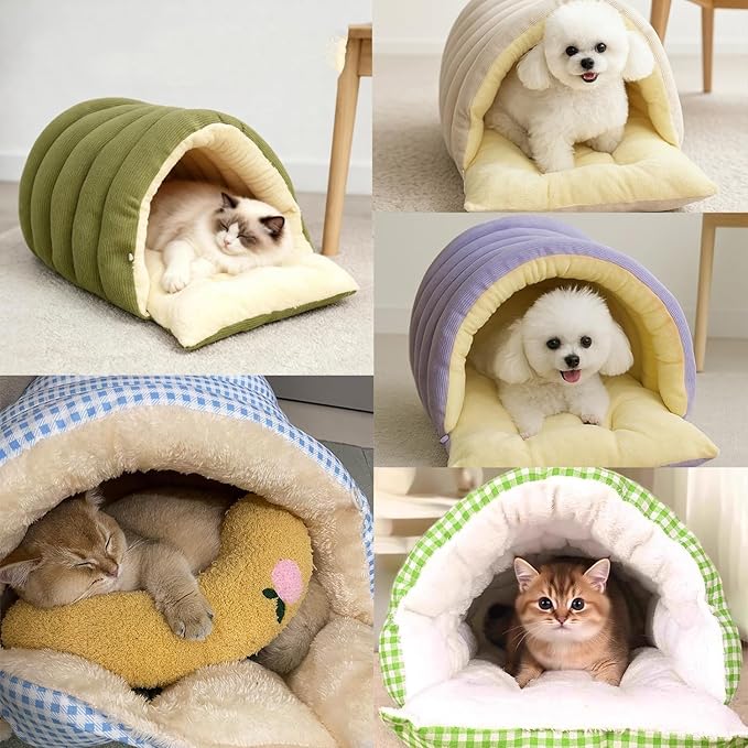 Expectation Cat Bed, Removable and Washable Winter Closed-Off Cat Bed, Soft Fluffy Warm Autumn/Winter Cats House, Washable Non-Slip Pet Sleeping Bag for Indoor Cats Small Dogs (Green,Large)