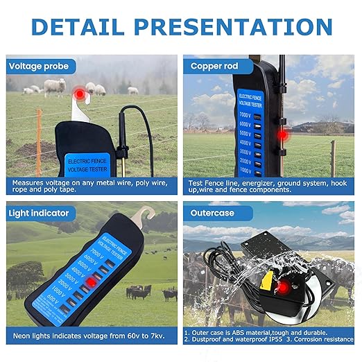 Electric Fence Voltage Tester, 7KV Fence Tester 8 Neon Indicator Lights/Fence Tester for Farms Farms Fault Finder Portable Testing Tool