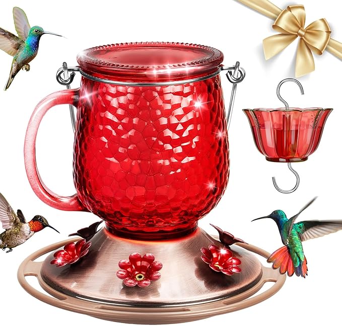 Kingsyard Glass Hummingbird Feeders for Outdoors, 16 Oz Wild Bird Feeder 6 Feeding Ports & Ant Moat Included, Hanging Bird Nectar Feeder Garden Red Décor Gifts for Mom, Red