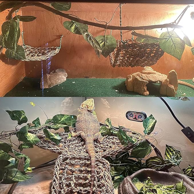 Woyrise 10Pcs Bearded Dragon Tank Accessories, Reptile Hammock Terrarium Plants Jungle Climbing Vines Habitat Decoration for Snakes Bearded Dragon Chameleon Gecko Lizard