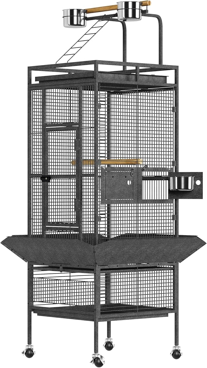 61" Cockatiel Cage, Flight Cage with Rolling Stand, Play Top & Bowls - Metal Large Bird Cages for Parakeets, Conures, Parrots - Exploding Silver