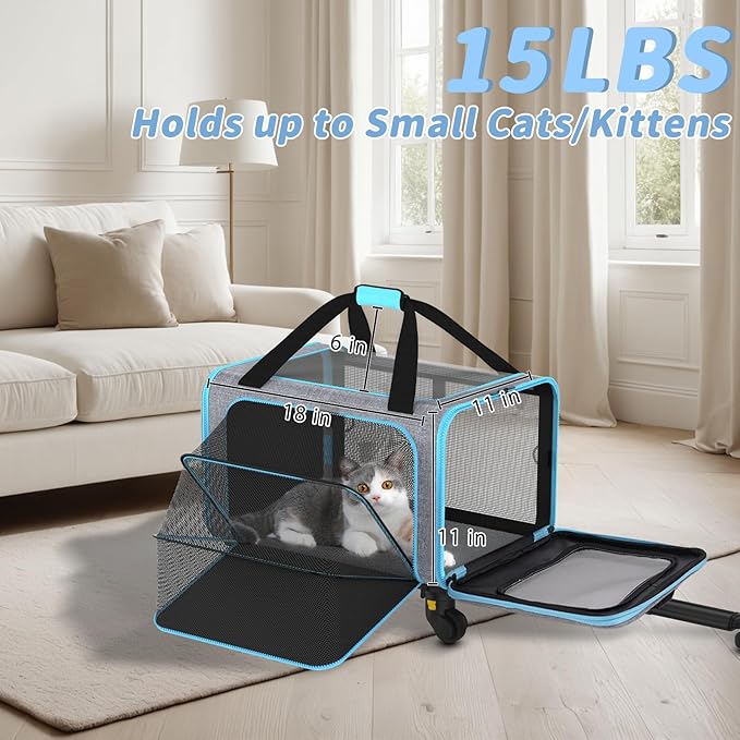 Pet Carrier with Detachable Wheels, TSA Airline Approved Rolling Cat Carrier for Small Dogs and Cats up to 15Lbs, Sturdy Frame & Smooth 360° Wheels for Travel & Vet - 18" L x 11" W x 11"