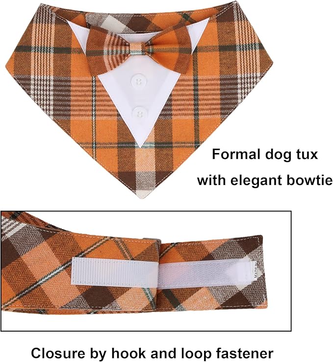 ADOGGYGO Fall Dog Tuxedo Bandana, Orange Plaid Pet Tux Collar with Bowtie, Adjustable Halloween Thanksgiving Formal Costume for Small Dogs Pets (S)