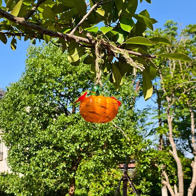 Small Glass Hummingbird Feeders for Outdoors Hanging - 2PC X Orange Yellow Hand Blown Glass Pumpkin Nectar Feeding, 2 Flowers Feeding Ports, Decor for Garden/Backyard Outside