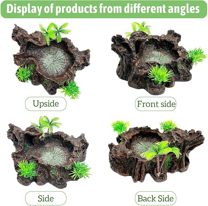 PINVNBY Reptile Water Dish, Bearded Dragon Water Bowl, Resin Reptile Platform with Artificial Plants Food Water Dish Bowl for Bearded Dragon, Crested Gecko, Hermit Crab, Snake (Smooth)