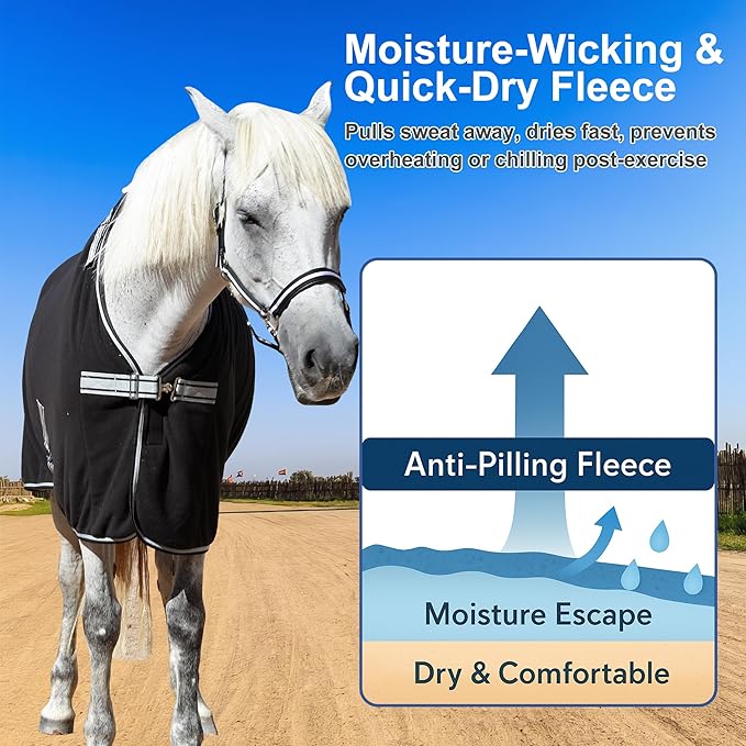 Horse Fleece Cooler, Blanket Liner - 300g Anti-Pilling Fleece, Moisture-Wicking, Cooling & Drying for Post-Workout, Bath & Travel, Prevent Overheating & Chilling Black 75