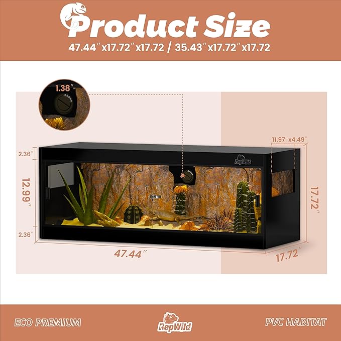 65 Gallon PVC Reptile Enclosure, RepWild 48"x18"x18" Stackable Terrarium/Tank with Dual Side Ventilation Mesh, Removable Glass Doors & Lock for Bearded Dragons, Ball Python, Geckos, Lizards