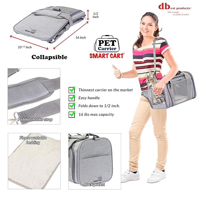 dbest products Pet Smart Cart Sport, Soft Sided Collapsible Cat Carrier Airline Approved with Mesh Panels and Easy Side/Top Loading, Grey