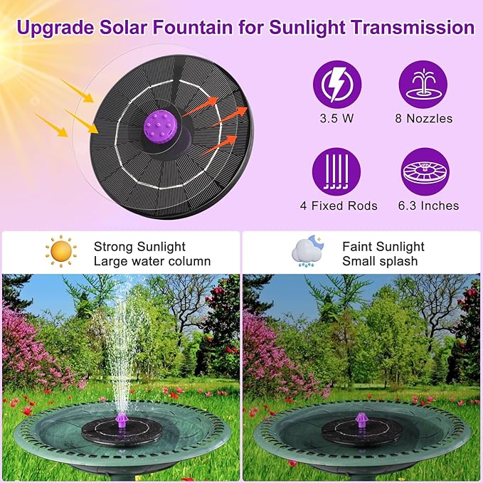3.5W Solar Bird Bath Fountain Pump, Solar Powered Water Pump, Outdoor Water Fountain with 8-in-1 Nozzles, 4 Fixed Pipes for Hummingbirds, Garden, Pool, Pond