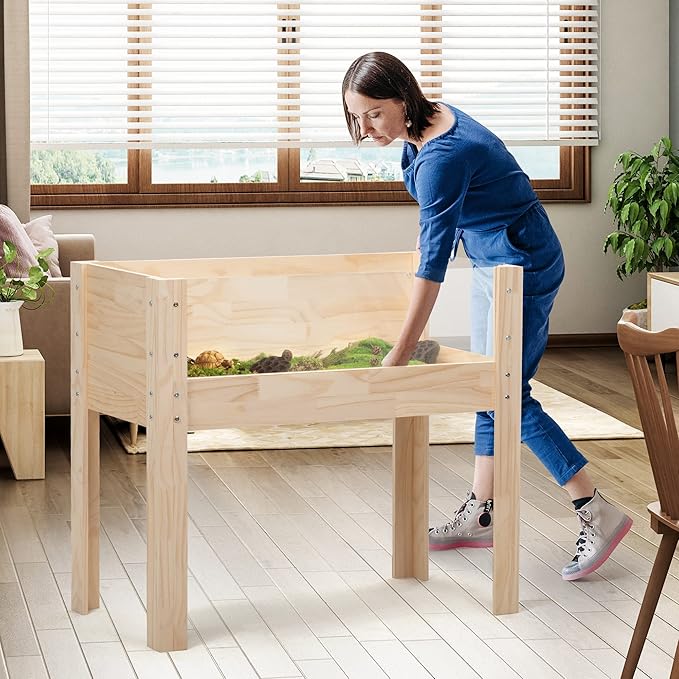 Wooden Tortoise Habitat Indoor, Tortoise Enclosure Turtle House with Legs & Visible Acrylic Window, Large Reptile Cage for Small Animals, Outdoor Raised Garden Bed Elevated Planter Box