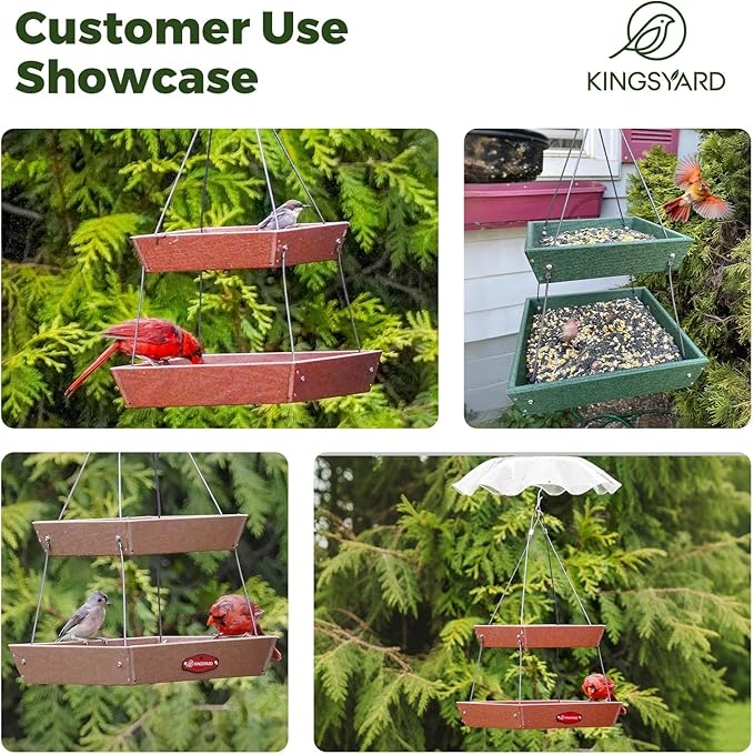 Kingsyard 2 Tier Large Platform Bird Feeders for Outdoors Hanging, 5 lbs Capacity Recycled Plastic Flat Mealworm Bird Feeder Tray, Garden Decoration Attracting Cardinal Blue Jay, Green