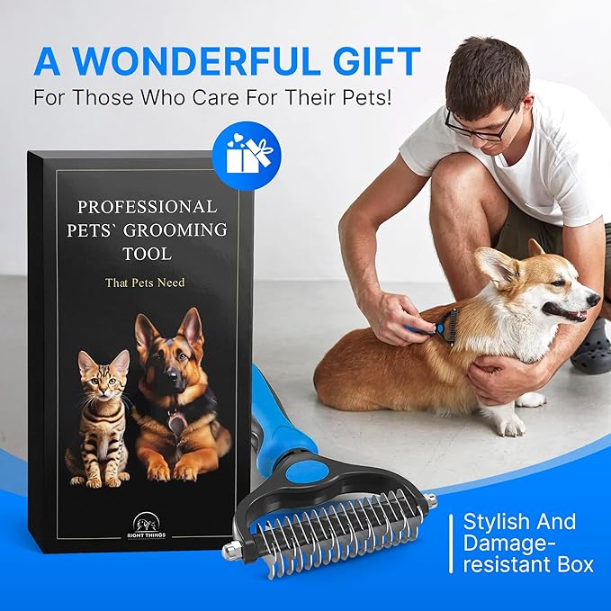 Dog Rake Brush for Shedding – Undercoat Deshedding Tool for Long & Thick Hair Dogs, Removes Loose Fur, Reduces Mats