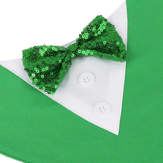 ADOGGYGO St.Patrick's Day Dog Tuxedo Bandana, Green Pet Tux Collar with Bowtie Adjustable St Patricks Costume for Medium Dogs Pets (M)